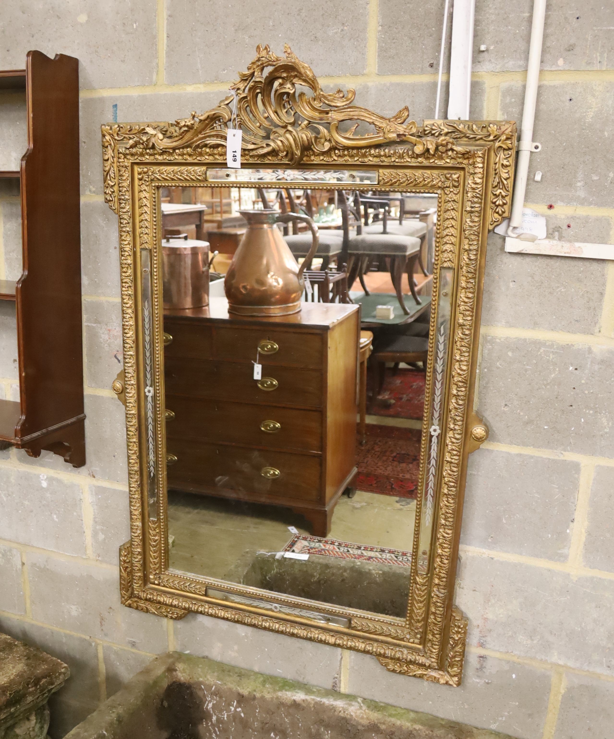 A late 19th century French giltwood and gesso mirror with etched marginal plates, width 82cm, height 125cm